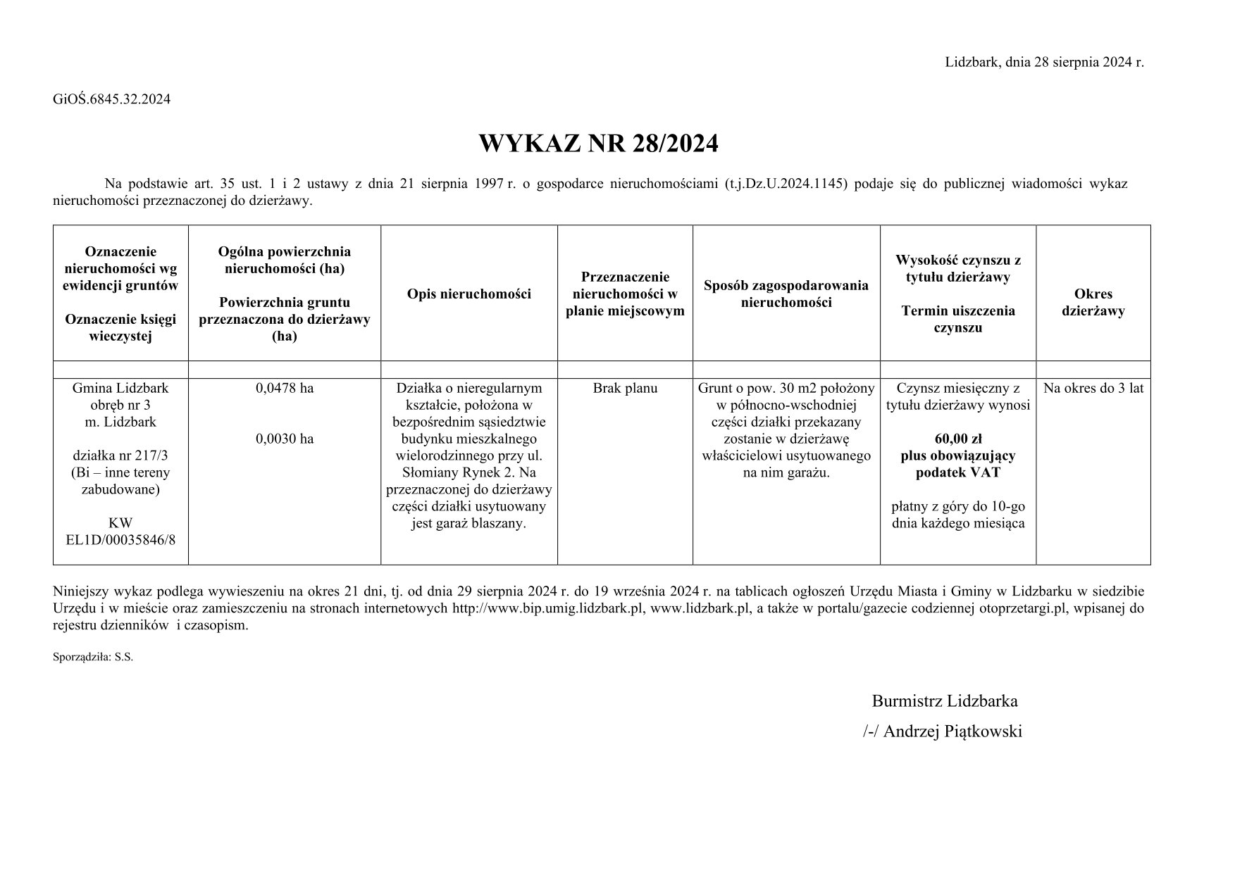 Wykaz Nr 28/2024 - Nieruchomość gruntowa do dzierżawy - Lidzbark, obr. 3, część dz. nr 217/3